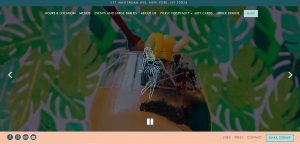 A website with a tropical theme and a drink.