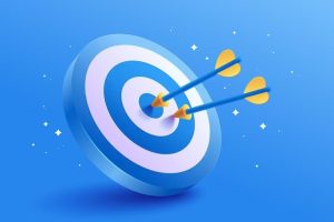 Two arrows hitting a target on a blue background.